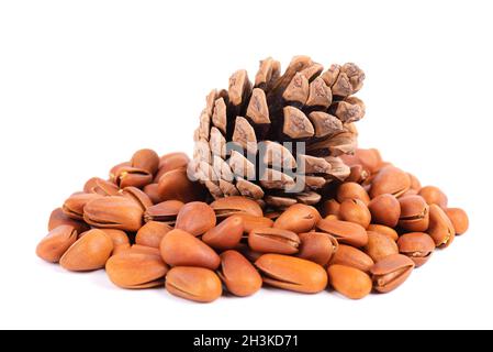Pinienkerne isoliert auf weißem Hintergrund. Pinienzapfen und Haufen gerösteter Pinienkerne in Muscheln. Stockfoto