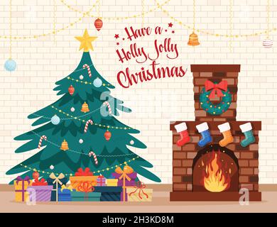 Weihnachtsabend-Haus mit Kiefernbaum, Geschenke und Kamin Stock Vektor