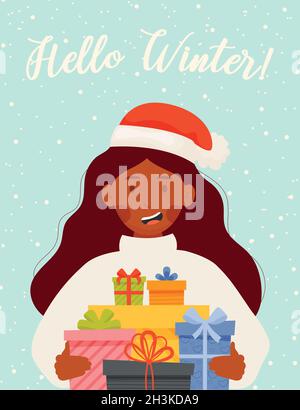 Hallo Winter Flyer-Karte, Mädchen in roten Beanie mit Geschenkschachteln. Stock Vektor