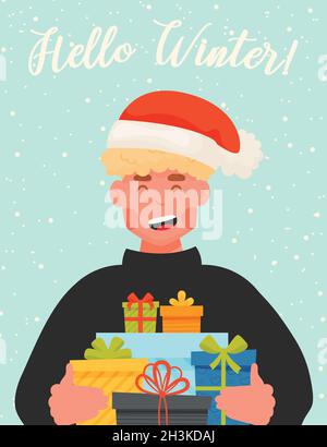 Hallo Winter Flyer-Karte, Junge in roten Beanie mit Geschenkschachteln. Stock Vektor