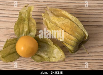 Physalis-Frucht (Physalis peruviana) mit Schale auf Holzgrund. Stockfoto