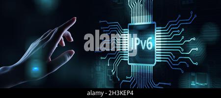 IPv6-Netzwerkprotokoll Standard-Internet-Kommunikationskonzept auf virtuellem Bildschirm. Stockfoto