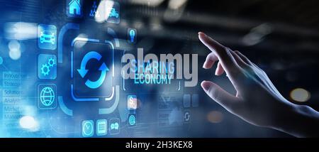 Gemeinsame Nutzung von Wirtschaft, Innovation und Technologie der Zukunft auf virtuellen Bildschirmen. Stockfoto