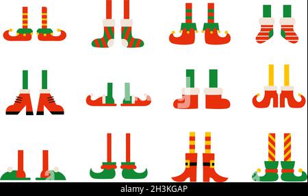 Cartoon Elfen Füße mit Stiefeln isolierte Illustrationen. Weihnachtselfen Füße in Schuhen. Vektor-Set von Elfen Beine. Santa kleine Helfer Stock Vektor