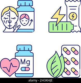 RGB-Farbsymbole für Nahrungsergänzungsmittel eingestellt Stock Vektor