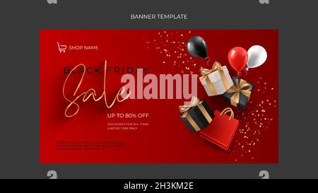 Black Friday Sale Banner-Vorlage. Realistischer Goldschriftzug, Geschenkboxen mit Schleifen und Zierelementen Stock Vektor