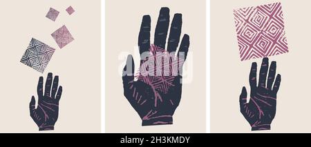Abstrakte Hand mit Muster, grafische Ressource für Plakate, Einladungen und Postkarten. Original Linolschnitt-Kunst Stock Vektor