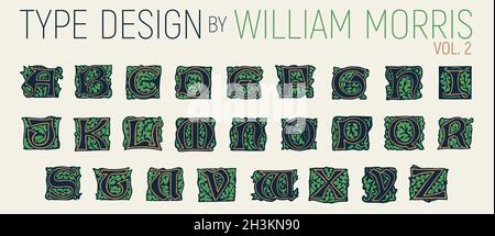 William Morris Typografie, Initialen mit Laub. Typendesign mit Ästen, Laub und Blumen. Großbuchstaben aus der Arts & Craft Bewegung. 1890 Stock Vektor