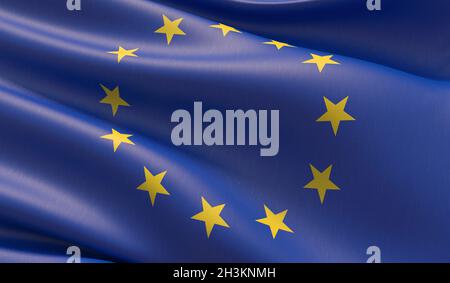 Offizielle EU-Flagge. Fahne der Europäischen Union. 3D-Darstellung. Stockfoto