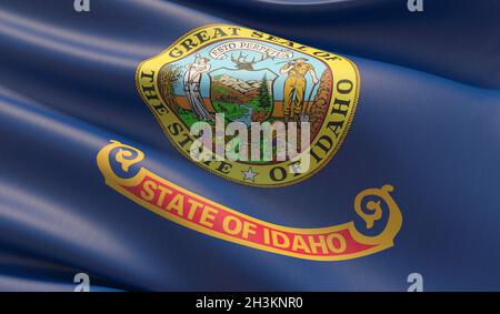 Hochauflösende Nahaufnahme Flag of Idaho - Sammlung der Flaggen der Vereinigten Staaten von Amerika. 3D-Illustration. Stockfoto