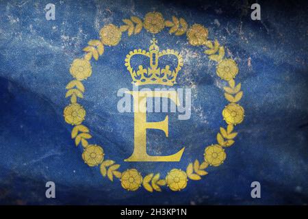 Draufsicht der Retro-Flagge der persönlichen Königin Elizabeth II. Grunge-Flagge des vereinigten Königreichs von Großbritannien, England. Kein Fahnenmast, Flugzeugdesign, Layout. Fl Stockfoto