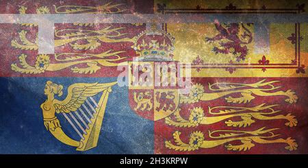 Draufsicht der Retro-Flagge des Royal Standard of the Prince of Wales. Grunge-Flagge des vereinigten Königreichs von Großbritannien, England. Kein Fahnenmast, Flugzeugdesign, Stockfoto