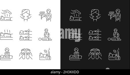 Lineare Symbole für Spa-Behandlungen, die für den Dunkel- und Lichtmodus eingestellt sind Stock Vektor