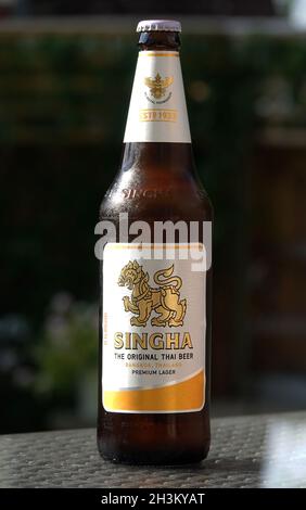 BILLERICAY, VEREINIGTES KÖNIGREICH - 14. Aug 2021: Eine ungeöffnete Flasche eiskalten Singha, das original thailändische Bier, auf einem Tisch im Freien Stockfoto