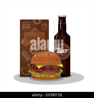 Vector Hamburger mit Bier und Menü. Cartoon-Illustration von Fast Food. Trinkflasche und Cheeseburger aus dem Restaurant mit Lieferung. Symbol Stock Vektor