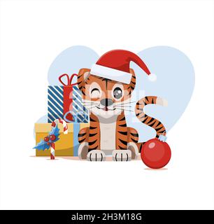 Niedlicher Vektor Tiger Happy Chinese Neujahr Grußkarte 2022 Tierurlaub Cartoon-Figur mit weihnachtssachen Stock Vektor