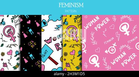 Eine Reihe nahtloser Muster kritzeln Zeichen des Feminismus, der Rechte der Frauen. Grunge handgezeichnete Vektor-Ikonen des Feminismus Protestsymbole Eine Kundgebung, für die man kämpfen muss Stock Vektor