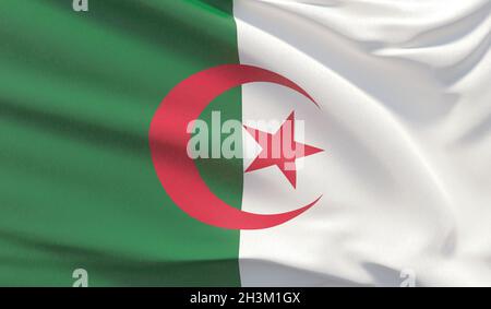 Schwenkende Nationalflagge Algeriens. Wellenförmiges, detailreiches Nahaufnahme-3D-Rendering. Stockfoto