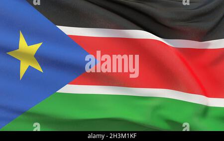 Wehende Flagge von South Sudan. Winkte sehr detaillierte Close-up 3D-Render. Stockfoto