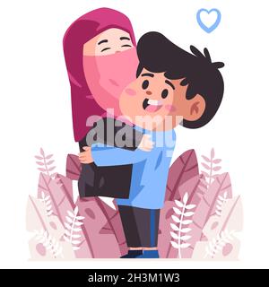 Paar hughs einander, Ehemann und seine Frau mit rosa Hijab sieht so romantisch glücklich in Hochzeit Jahrestag Cartoon flache Farbe isoliert Hintergrund Stock Vektor