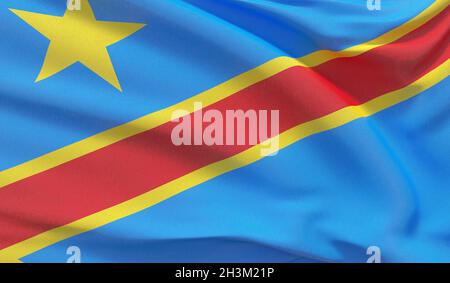 Schwenkende Nationalflagge der Demokratischen Republik Kongo. Wellenförmiges, detailreiches Nahaufnahme-3D-Rendering. Stockfoto