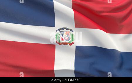 Schwenkende Nationalflagge der Dominikanischen Republik. Wellenförmiges, detailreiches Nahaufnahme-3D-Rendering. Stockfoto