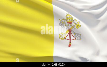 Winkende Nationalflagge der Vatikanstadt. Wellenförmiges, detailreiches Nahaufnahme-3D-Rendering. Stockfoto