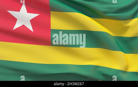 Schwenkende Nationalflagge von Togo. Wellenförmiges, detailreiches Nahaufnahme-3D-Rendering. Stockfoto