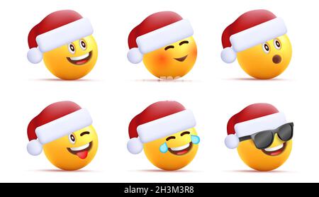 Set von runden gelben Gesichtern in Weihnachtsmann Hüte und verschiedene glückliche Emotionen Stock Vektor