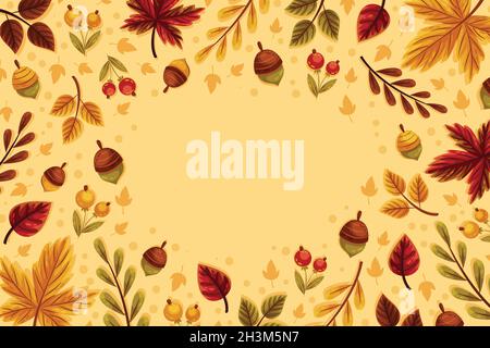 Flacher Herbst hinterlässt Hintergrund mit Eicheln Vektor-Design-Illustration Stock Vektor