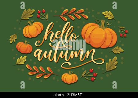 hello Autumn Lettering mit Kürbissen Vektor-Design-Illustration Stock Vektor
