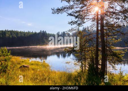 Sonnenaufgang am Shiroka Polyana Damm, Rhodopen-Gebirge, Bulgarien Stockfoto