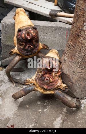 Leiter / Teile von geschlachteten / geschlachteten Tieren, wahrscheinlich Rinder / Kuhköpfe, im Verkauf an einem kleinen Straßenmarktstand in Songpan, China, VR China. (125) Stockfoto