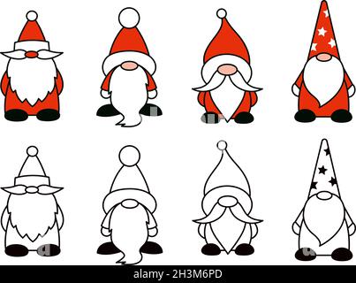 Santa Claus Cartoon isolierte Illustrationen. Weihnachtsgnome in traditioneller Weihnachtsmann-roter Tracht. Vektorset. Linien- und Farbzeichen Stock Vektor