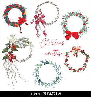 Saisonale Grußkarten. Set von Weihnachtskränzen. Kränze aus Zweigen, Baumwolle, Fichte, Wacholder, Eibe mit Bögen und Beeren. Geeignet für Grußkarten, Stock Vektor