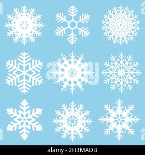 Winter Set von weißen Schneeflocken isoliert auf hellblauem Hintergrund. Snowflake-Symbole. Schneeflocken Kollektion für Design Weihnachten und Neujahr Banner und Stock Vektor