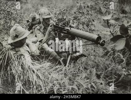 Ein Vintage-Foto um den Februar 1942, das Soldaten des Bataillons 1. des Manchester-Regiments der British Army zeigt, die während der japanischen Invasion von Malaya und dem Fall von Singapur ein vickers-Maschinengewehr im Dschungel annahmen Stockfoto