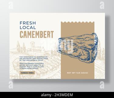 Premium Local Camembert Food Label Template. Design-Layout Für Abstrakte Vektorverpackungen. Modernes Typografie-Banner mit handgezogenem Käsestück und ländlichem Stock Vektor