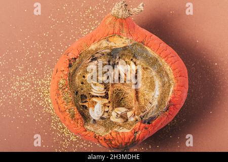 Schlechter Kürbis mit Schimmel, der auf braunem Hintergrund mit Funkeln bestreut ist Stockfoto