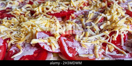 Rohes hausgemachtes Gericht mit Kartoffeln, Käse, Karotten, Tomaten, Zwiebeln, Pilze und Gewürze. Bereit zum Kochen. Stockfoto