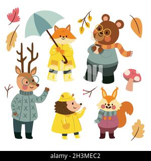 Flache Herbst Wald Tiere Kollektion Vektor Design Illustration Stock Vektor