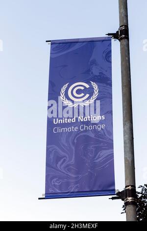 COP 26, Banner der Vereinten Nationen zum Klimawandel, Glasgow, Schottland, Großbritannien Stockfoto