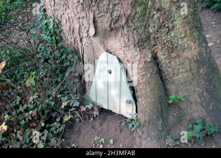 Fairy Door in Tree auf dem Teesdale Way in Middle One Row, Darlington, County Durham Stockfoto