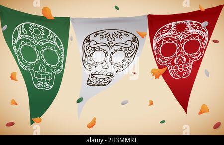 Konfetti und Blütenblätter duschen über Wimpel mit traditionellen Schädeln und mexikanischen Farben, für die Day of the Dead Feier. Stock Vektor