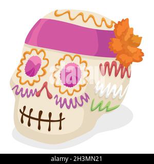 Zuckerschädel mit rosa Etikett wie Bandana und Ringelblume, verziert für den traditionellen mexikanischen Tag der Toten. Stock Vektor