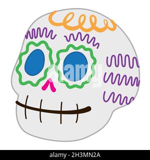 Traditionelles Angebot in flachem Stil und Umrissen für die Day of the Dead-Feier: Der Candy-Totenkopf mit traditionellem mexikanischen Muster. Stock Vektor