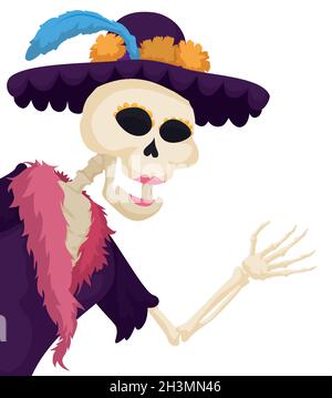 Ein elegantes weibliches Skelett, das Sie mit einem schicken Hut, der mit Ringelblumen und blauen Federn, Mantel und pelzigen Schal verziert ist, angrüßend. Stock Vektor