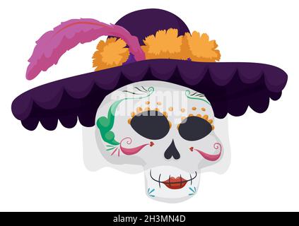 Eleganter Totenschädel aus Catrina, mit Hut und Schleier, verziert mit Ringelblumen und violetten Federn, für den mexikanischen Tag der Toten. Stock Vektor