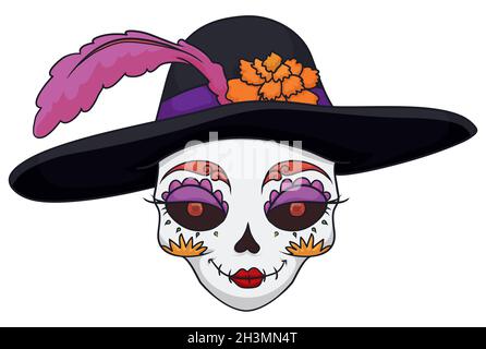 Elegante Catrina-Figur, die einen schicken Hut trägt, der mit einer Feder und Ringelblume verziert ist, bereit für die Feier zum mexikanischen Tag der Toten. Stock Vektor