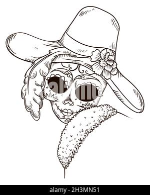 Die elegante Catrina-Figur trägt einen schicken Hut mit Blume und Mantel, auch mit ihrem Gesicht, das mit einem traditionellen mexikanischen Muster für den Tag der Toten verziert ist Stock Vektor